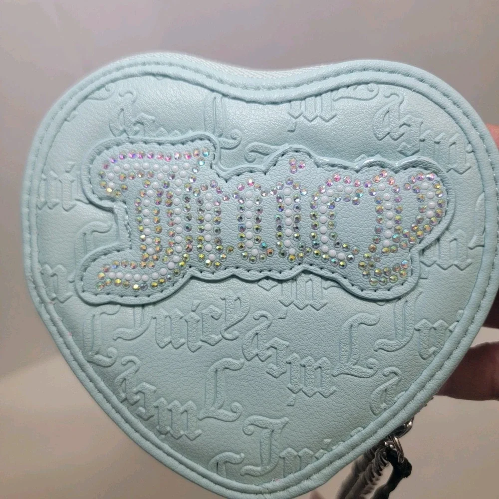 Juicy Couture Heart Zip Around Wristlet Silver Chain Pastel Turquois Rhinestones